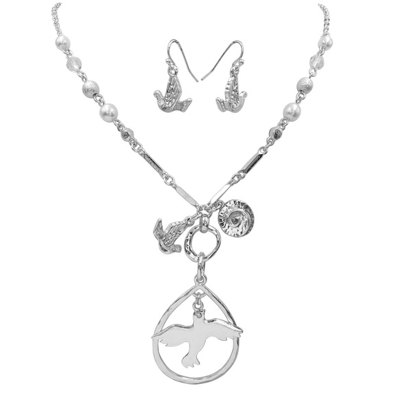 Silver Peace Dove Bird Necklace Earrings Set - Picture 1 of 3